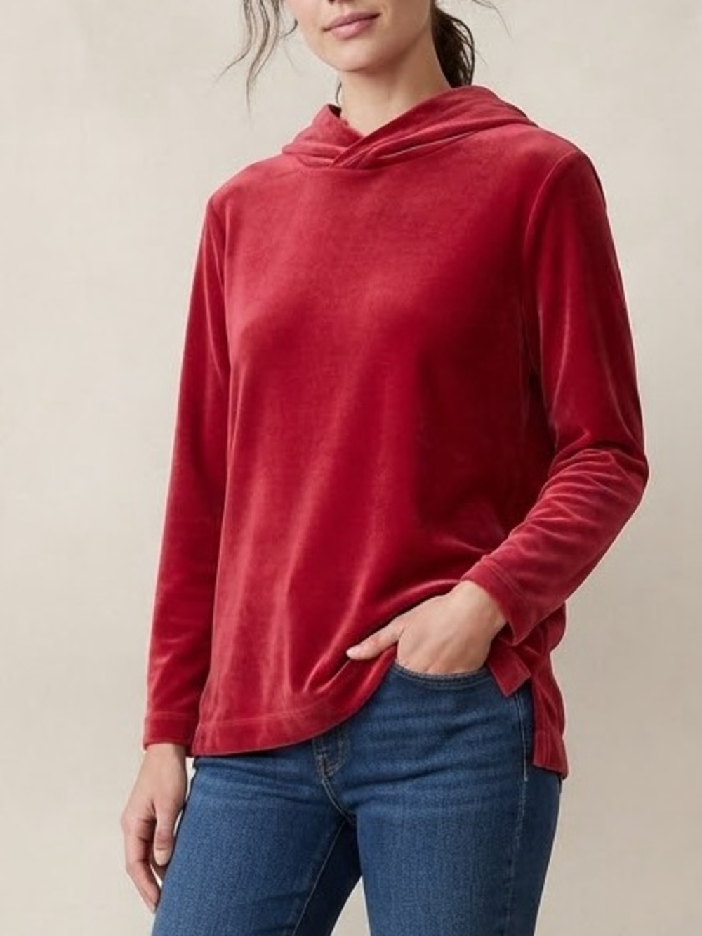 Hudson’s Bay Northern Spirt Red Velvet Velour Hoodie Long Sleeve Top Size Small